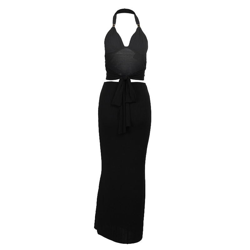 Elegant metallic halter neck skirt set