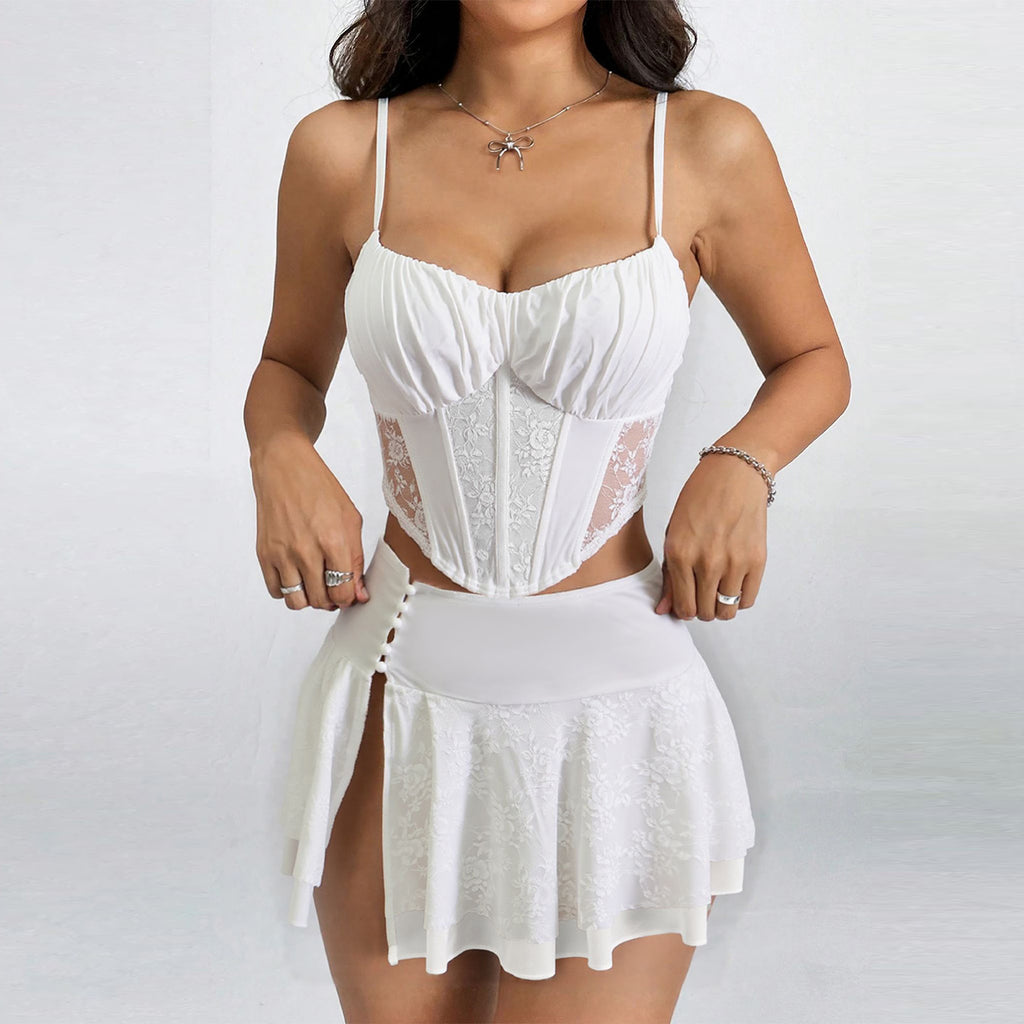 Spaghetti strap lace-trimmed belted top and high-waisted sexy slit mini skirt vacation set