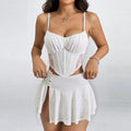 Spaghetti strap lace-trimmed belted top and high-waisted sexy slit mini skirt vacation set