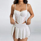 Spaghetti strap lace-trimmed belted top and high-waisted sexy slit mini skirt vacation set
