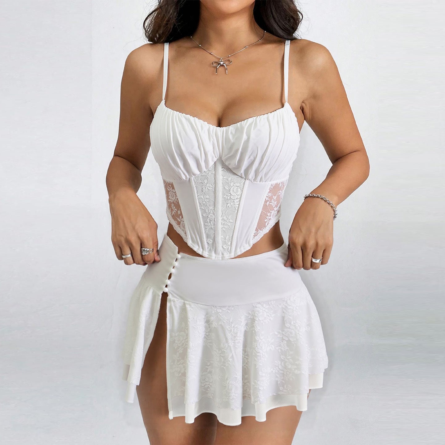 Spaghetti strap lace-trimmed belted top and high-waisted sexy slit mini skirt vacation set