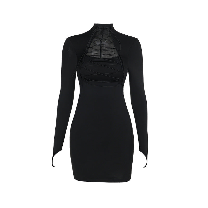 Elegant and sexy fitted long-sleeved dress with cutouts and tie-up details