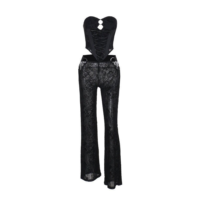 Flocked, tie-waist, strapless top and trousers two-piece set
