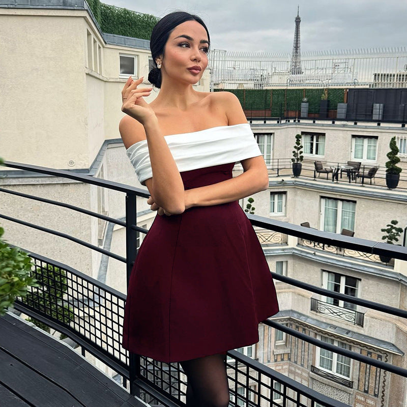 Elegant, Slim-fitting Off-the-shoulder Color-blocked Dress