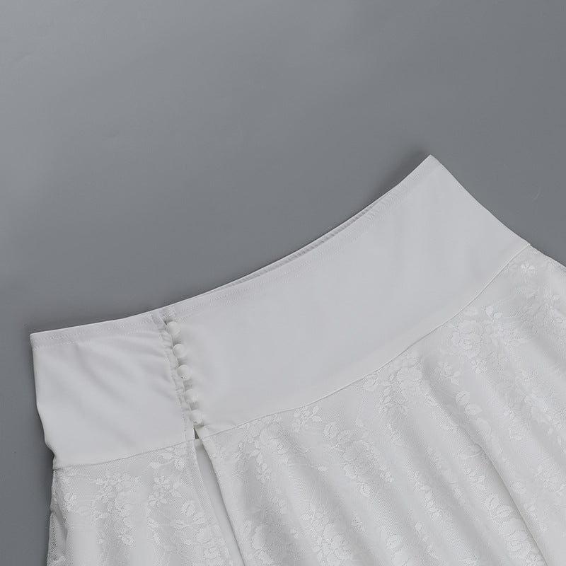 Spaghetti strap lace-trimmed belted top and high-waisted sexy slit mini skirt vacation set