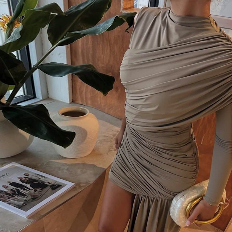 Gathered design, fitted waist, elegant bodycon dress with ribbons, long sleeves