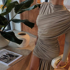 Gathered design, fitted waist, elegant bodycon dress with ribbons, long sleeves