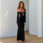 Sexy off-the-shoulder long-sleeved dress, solid color slim-fit bodycon skirt