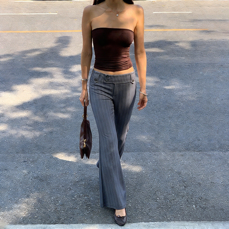 Retro-style vertical striped color-blocked flared pants, sexy, simple, casual, slim-fitting trousers