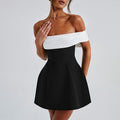 Off-the-shoulder color-blocked design, figure-hugging dress