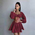 Satin Patchwork Off-Shoulder Dress, Sexy Sheer Mini Skirt