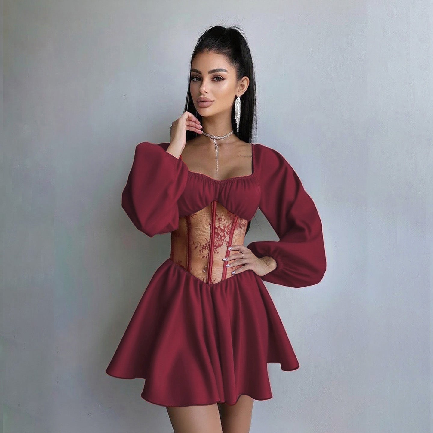 Satin Patchwork Off-Shoulder Dress, Sexy Sheer Mini Skirt