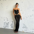 Flocked, tie-waist, strapless top and trousers two-piece set