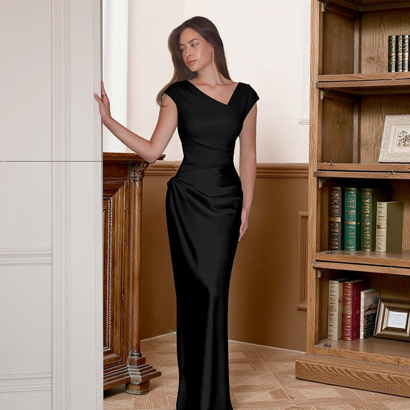 Sexy, form-fitting evening gown, bodycon maxi dress, satin patchwork elegant dress