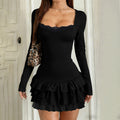 Square neckline ruffled mini dress, long-sleeved dress