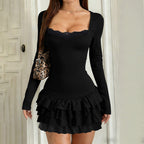 Square neckline ruffled mini dress, long-sleeved dress