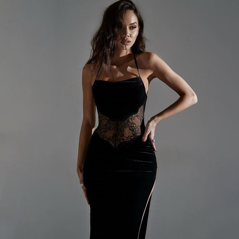 Sexy Lace and Velvet Patchwork Slit Backless Dress
