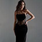 Sexy Lace and Velvet Patchwork Slit Backless Dress