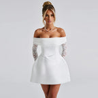 Bodycon mini skirt, Chanel-inspired, elegant, sexy, fitted off-the-shoulder lace dress