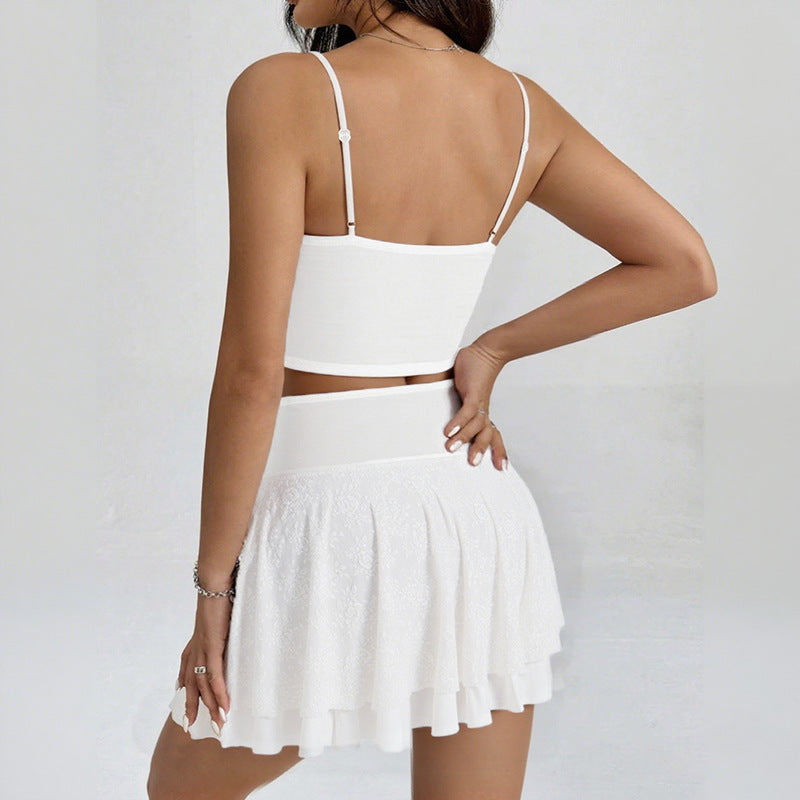 Spaghetti strap lace-trimmed belted top and high-waisted sexy slit mini skirt vacation set