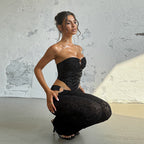 Flocked, tie-waist, strapless top and trousers two-piece set