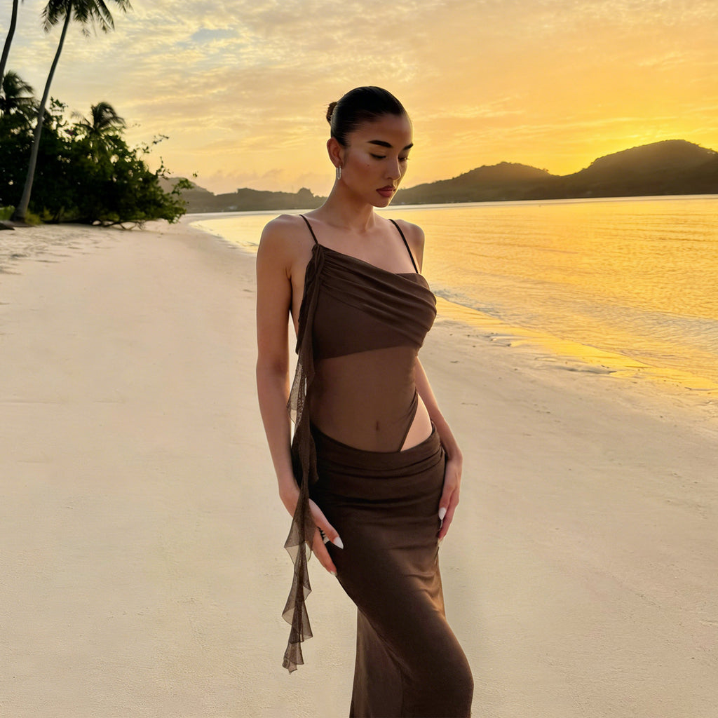 Elegant and sexy off-shoulder mesh see-through long dress for women