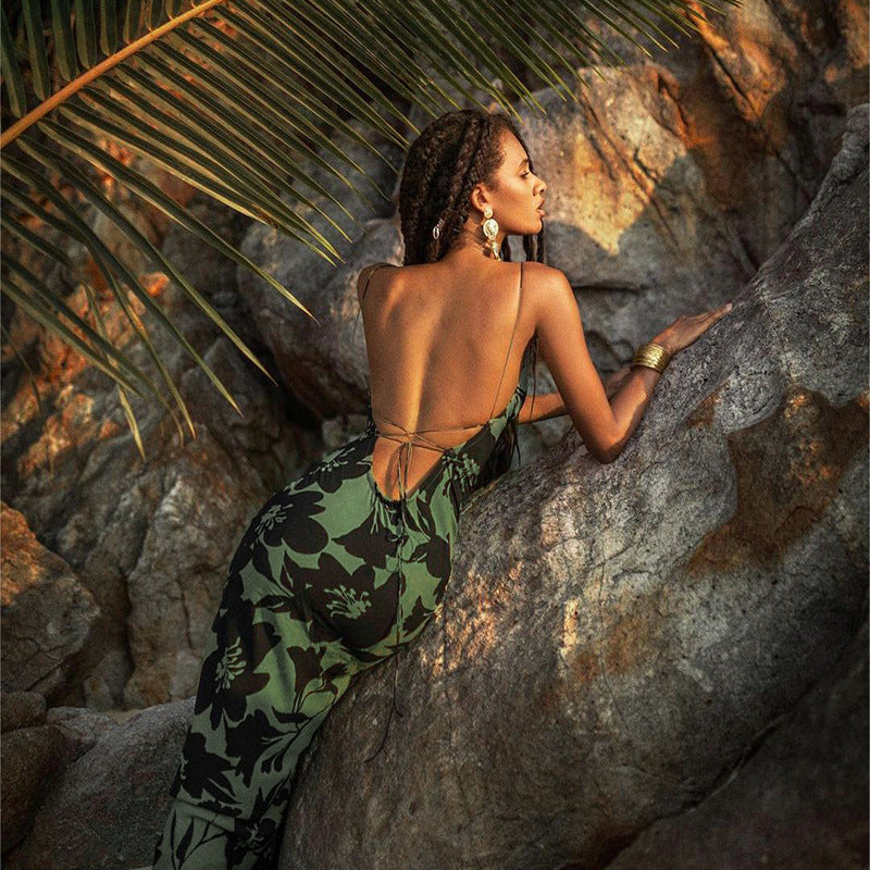 Sexy floral print backless halter dress