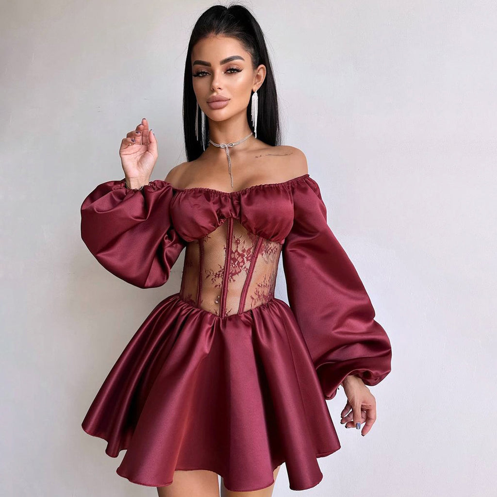 Satin Patchwork Off-Shoulder Dress, Sexy Sheer Mini Skirt