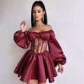 Satin Patchwork Off-Shoulder Dress, Sexy Sheer Mini Skirt