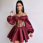 Satin Patchwork Off-Shoulder Dress, Sexy Sheer Mini Skirt