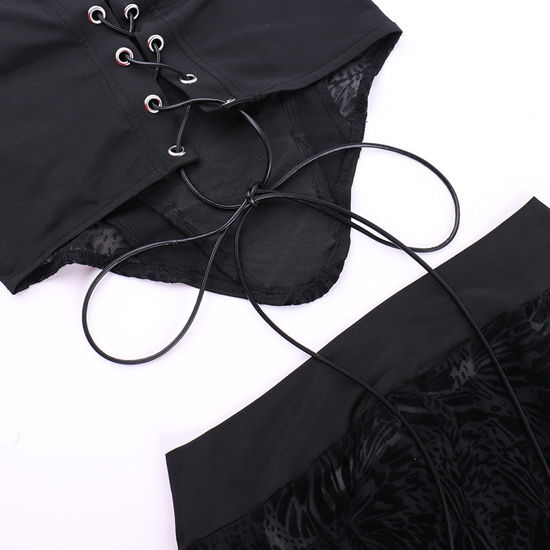 Flocked, tie-waist, strapless top and trousers two-piece set