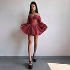 Satin Patchwork Off-Shoulder Dress, Sexy Sheer Mini Skirt
