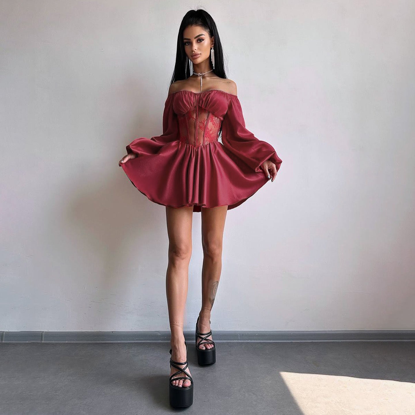 Satin Patchwork Off-Shoulder Dress, Sexy Sheer Mini Skirt