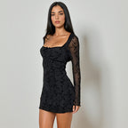 Sweetheart neckline sheer dress with long sleeves and a sexy bodycon skirt