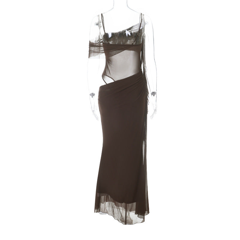 Elegant and sexy off-shoulder mesh see-through long dress for women
