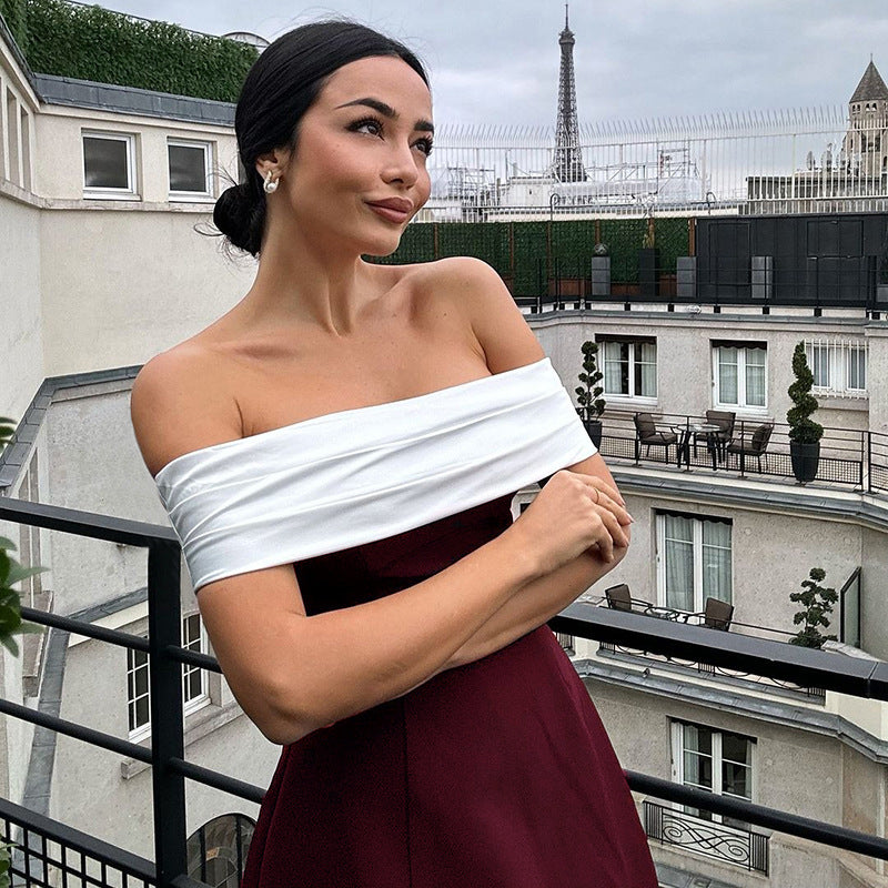 Elegant, Slim-fitting Off-the-shoulder Color-blocked Dress
