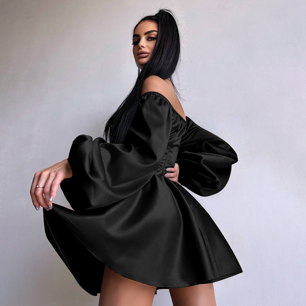 Satin Patchwork Off-Shoulder Dress, Sexy Sheer Mini Skirt