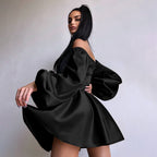 Satin Patchwork Off-Shoulder Dress, Sexy Sheer Mini Skirt
