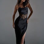 Sexy Lace and Velvet Patchwork Slit Backless Dress