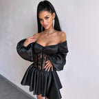 Satin Patchwork Off-Shoulder Dress, Sexy Sheer Mini Skirt