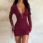 Deep V lace long-sleeved sexy dress, slim fit, hot girl bodycon skirt