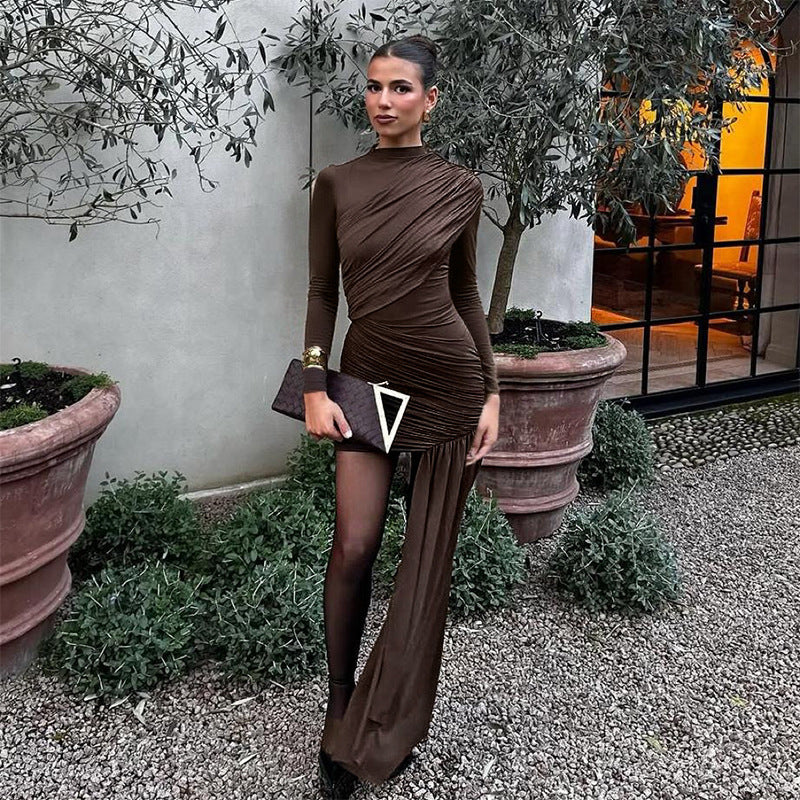 Gathered design, fitted waist, elegant bodycon dress with ribbons, long sleeves