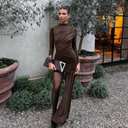 Gathered design, fitted waist, elegant bodycon dress with ribbons, long sleeves