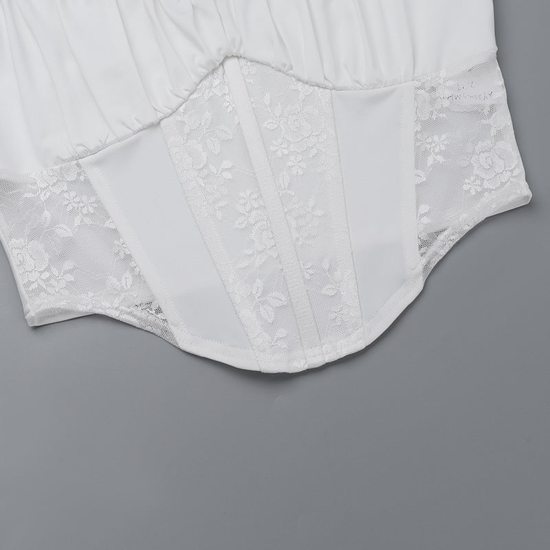 Spaghetti strap lace-trimmed belted top and high-waisted sexy slit mini skirt vacation set