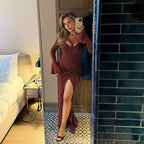 Knitted round neck long-sleeved sexy slit maxi dress