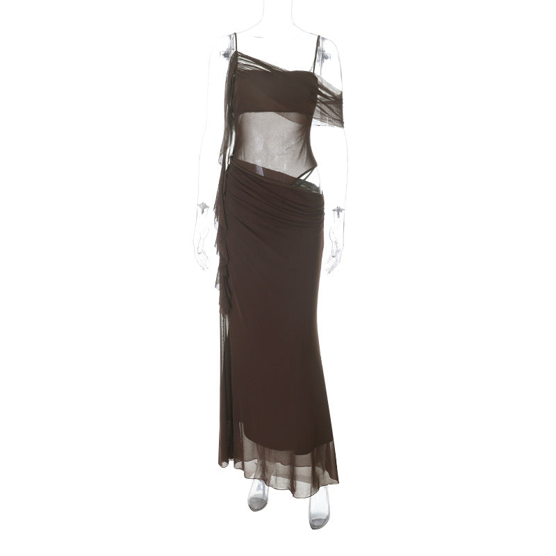 Elegant and sexy off-shoulder mesh see-through long dress for women