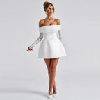 Bodycon mini skirt, Chanel-inspired, elegant, sexy, fitted off-the-shoulder lace dress