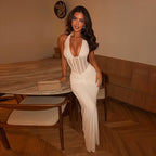 Sexy halter neck pleated elegant backless evening gown