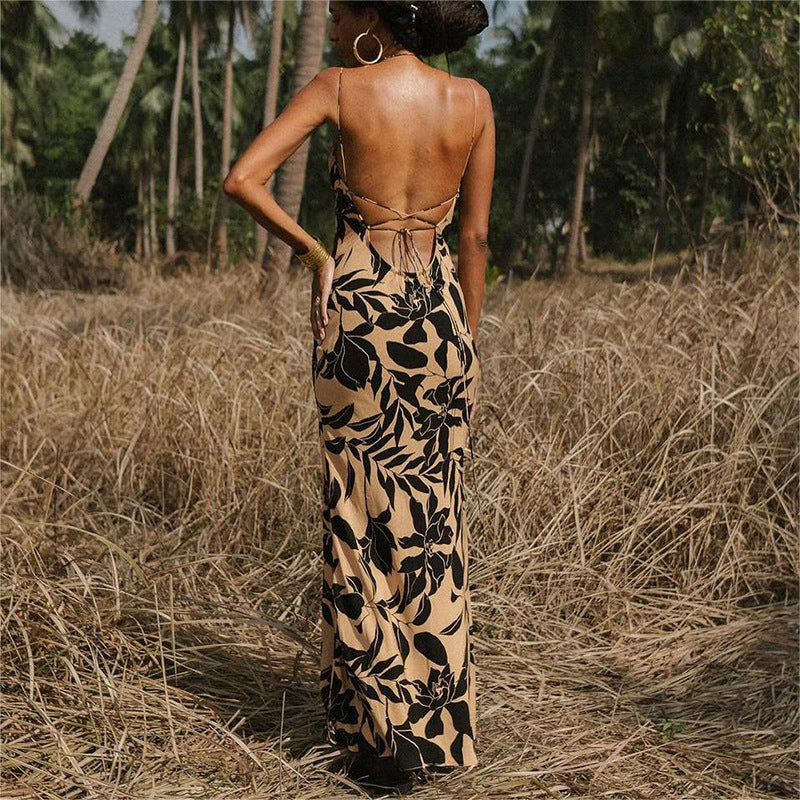 Sexy floral print backless halter dress