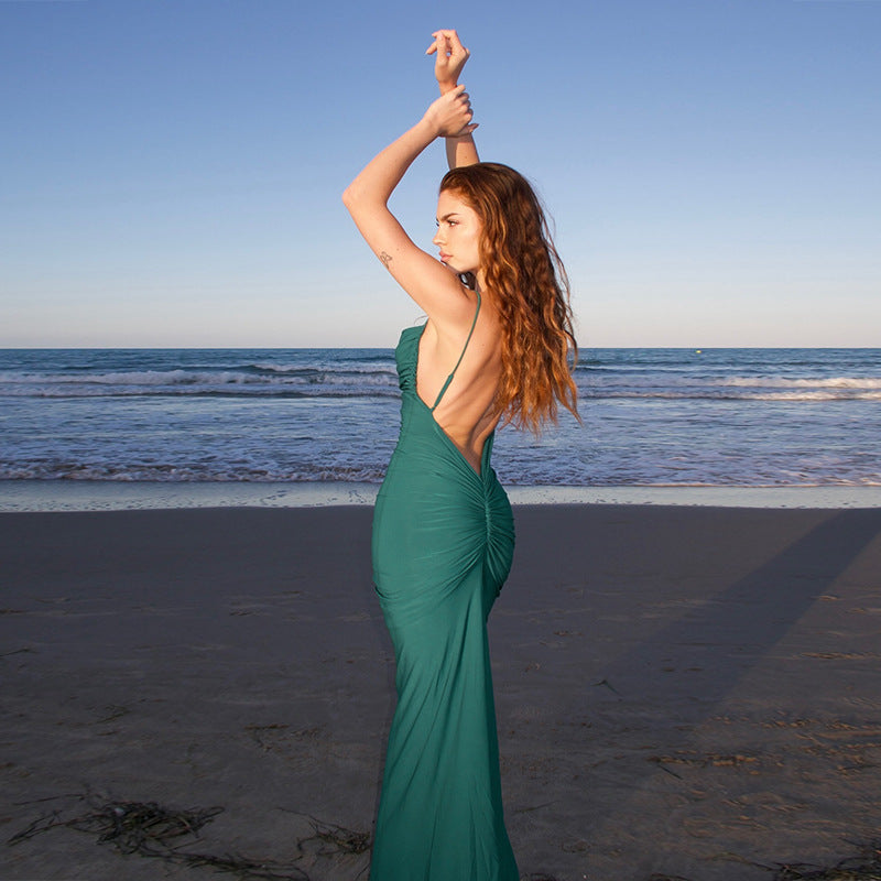 Backless, gathered, bodycon, casual, slim-fitting long vacation dress